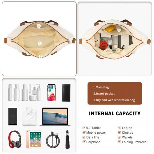 K2392L+S2366 - British Traveller 20 Inch Multi - Texture Polypropylene Cabin Size Suitcase 3 Piece Travel Set with Travel Tote and Cosmetic Pouch - Cream