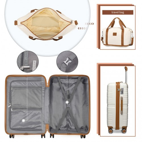 K2392L+S2366 - British Traveller 20 Inch Multi - Texture Polypropylene Cabin Size Suitcase 3 Piece Travel Set with Travel Tote and Cosmetic Pouch - Cream