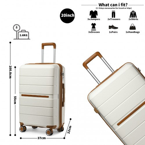 K2392L+S2366 - British Traveller 20 Inch Multi - Texture Polypropylene Cabin Size Suitcase 3 Piece Travel Set with Travel Tote and Cosmetic Pouch - Cream
