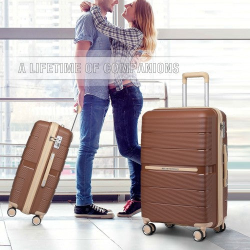British Traveller 20 Inch Multi - Texture Polypropylene Hard Shell Suitcase With TSA Lock - Brown And Apricot
