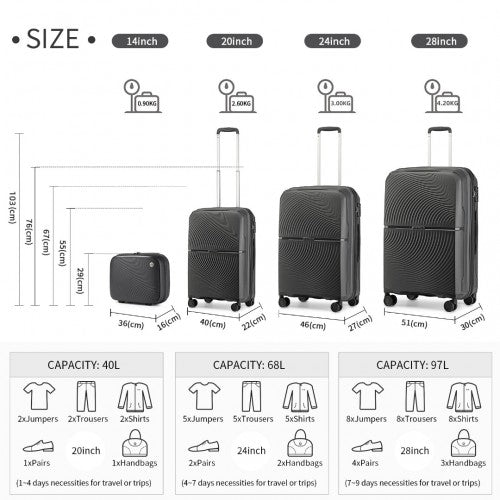 British Traveller 4 Pcs Set Spinner Hard Shell PP Suitcase With TSA Lock And Vanity Case - Black