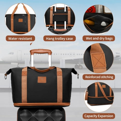 British Traveller 6 Piece Ultralight ABS And Polycarbonate Suitcase Set With Travel Tote And Cosmetic Pouch - Black And Brown