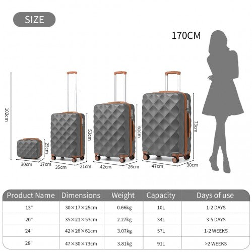 British Traveller Ultralight ABS And Polycarbonate Bumpy Diamond 4 Pcs Luggage Set With TSA Lock - Grey And Brown