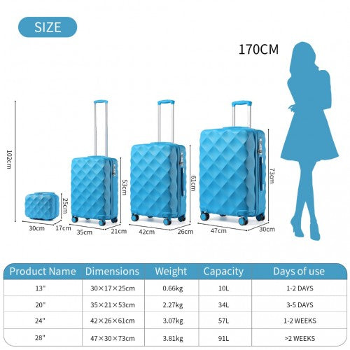 British Traveller Ultralight ABS And Polycarbonate Bumpy Diamond 4 Pcs Luggage Set With TSA Lock - Blue