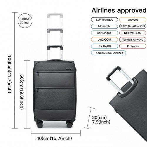 British Traveller 20 Inch Lightweight Cabin Carry - On Suitcase with Soft Shell and Laptop Compartment - Black