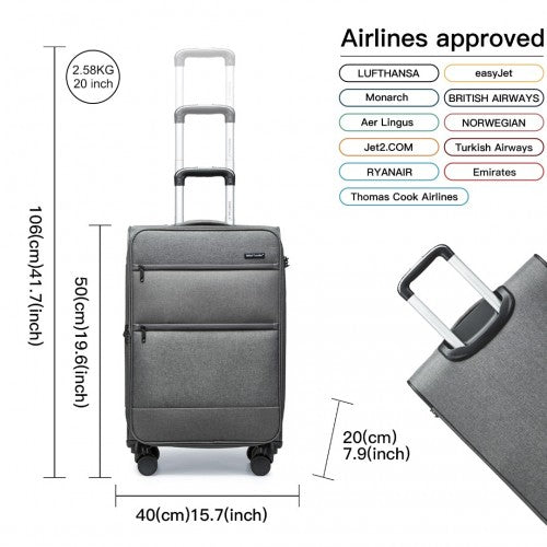 British Traveller 20 Inch Lightweight Cabin Carry - On Suitcase with Soft Shell and Laptop Compartment - Grey