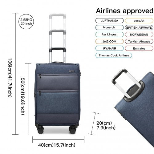 British Traveller 20 Inch Lightweight Cabin Carry - On Suitcase with Soft Shell and Laptop Compartment - Navy
