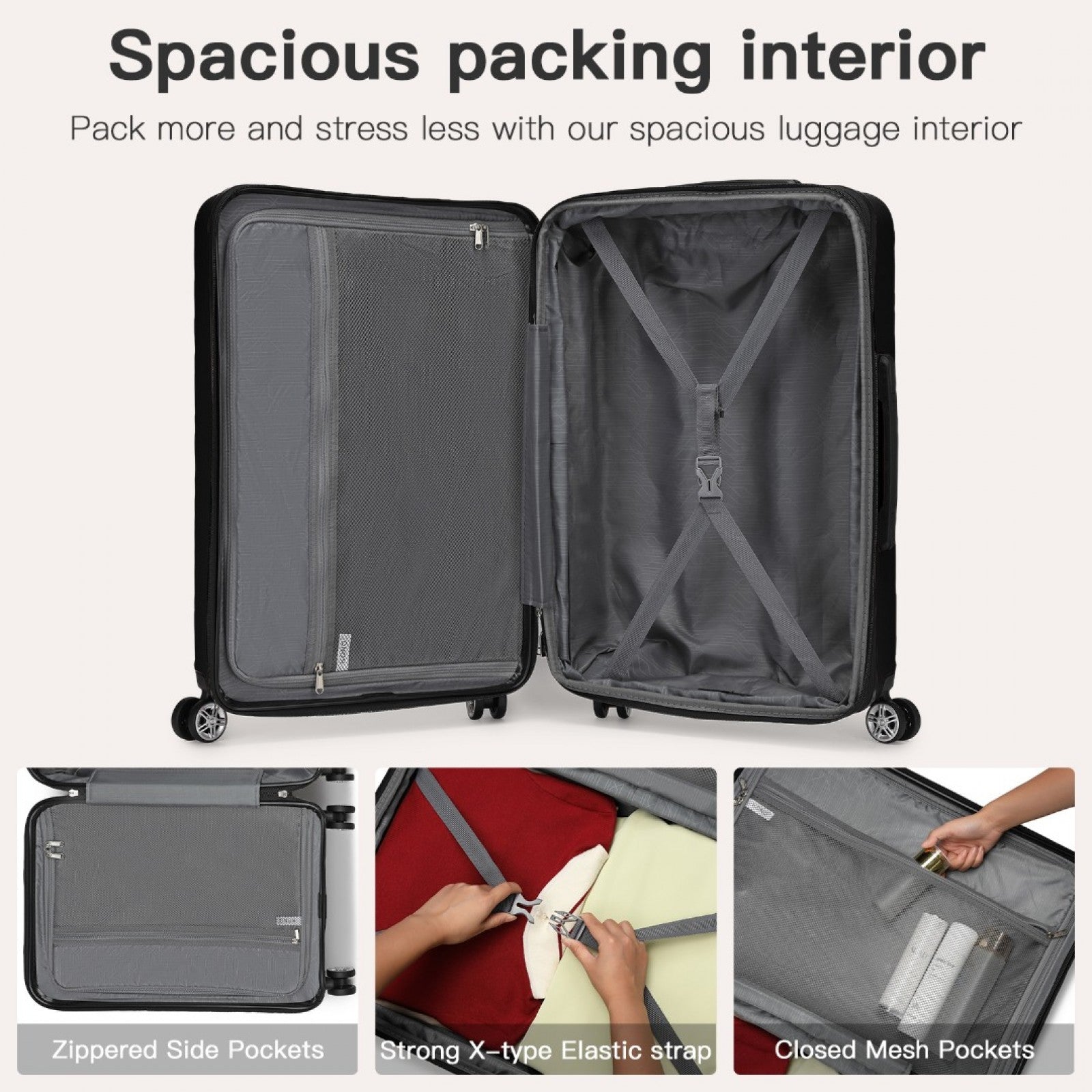 Kono 28 Inch Expandable Horizontal Engraved Hard Shell ABS+PC Check - In Suitcase with TSA Lock - Black