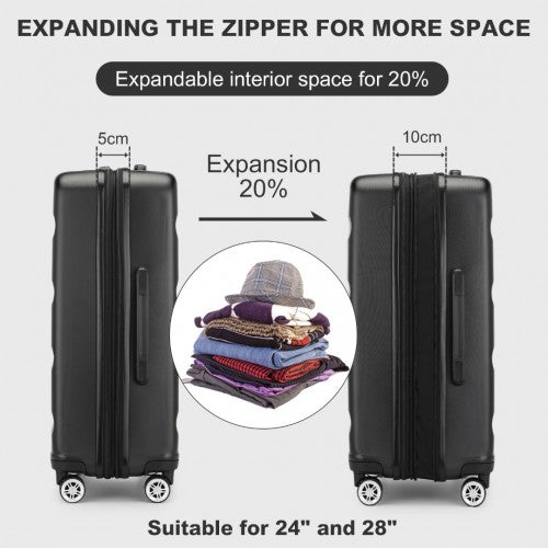 Kono 24 Inch Expandable Horizontal Engraved Hard Shell ABS+PC Check - In Suitcase with TSA Lock - Black