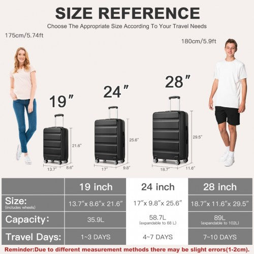 Kono 24 Inch Expandable Horizontal Engraved Hard Shell ABS+PC Check - In Suitcase with TSA Lock - Black