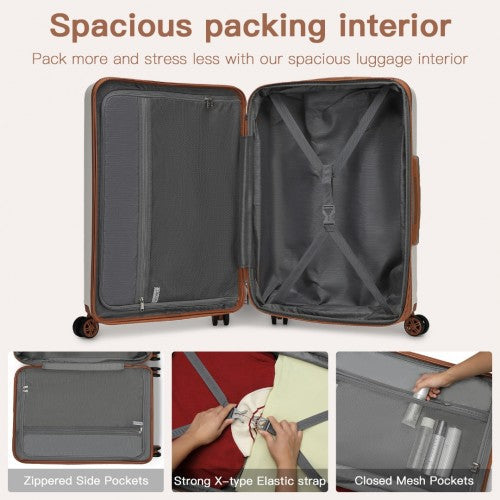 Kono 28 Inch Expandable Horizontal Engraved Hard Shell ABS+PC Check - In Suitcase with TSA Lock - Cream