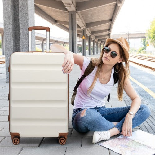 Kono 24 Inch Expandable Horizontal Engraved Hard Shell ABS+PC Check - In Suitcase with TSA Lock - Cream