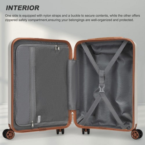 Kono 19 Inch Stylish Horizontal Engraved Hard Shell ABS+PC Cabin Carry - On Suitcase with TSA Lock - Cream