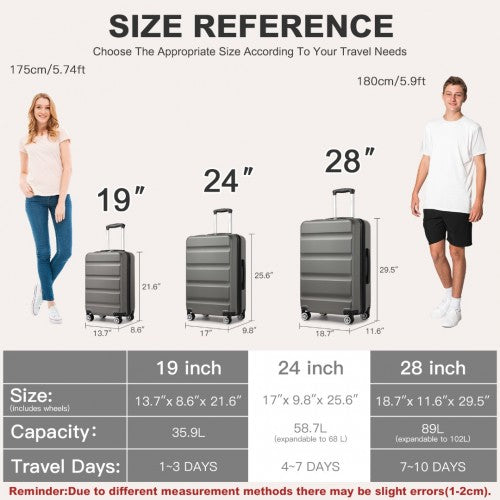 Kono 24 Inch Expandable Horizontal Engraved Hard Shell ABS+PC Check - In Suitcase with TSA Lock - Grey