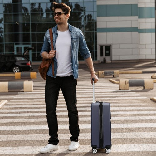 Kono 19 Inch Stylish Horizontal Engraved Hard Shell ABS+PC Cabin Carry - On Suitcase with TSA Lock - Navy