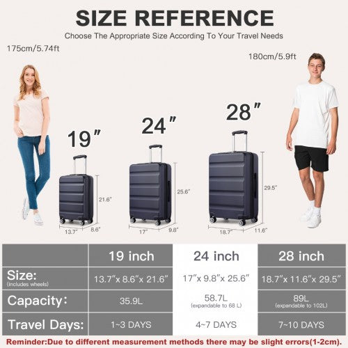 Kono 24 Inch Expandable Horizontal Engraved Hard Shell ABS+PC Check - In Suitcase with TSA Lock - Navy