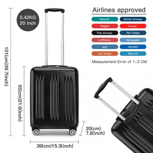 Kono 20 Inch Sleek Striped Carry - On Suitcase Durable ABS+PC Luggage With Four Spinner Wheels And TSA Lock Perfect for Travel - Black