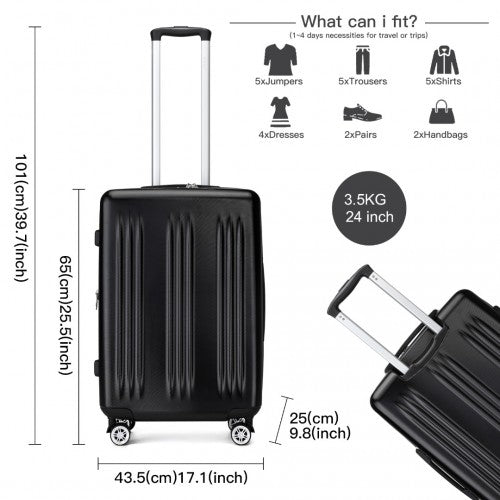 Kono 24 Inch Sleek Striped Check - In Suitcase Expandable Durable ABS+PC Luggage with Four Spinner Wheels TSA Lock - Black