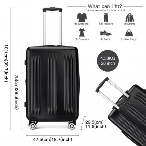 Kono 28 Inch Sleek Striped Check - In Suitcase Expandable Durable ABS+PC Luggage with Four Spinner Wheels TSA Lock - Black
