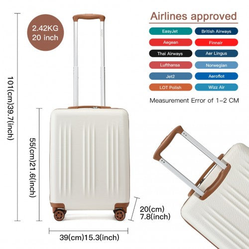 Kono 20 Inch Sleek Striped Carry - On Suitcase Durable ABS+PC Luggage With Four Spinner Wheels And TSA Lock Perfect for Travel - Cream And Brown