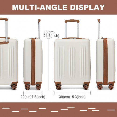Kono 20 Inch Sleek Striped Carry - On Suitcase Durable ABS+PC Luggage With Four Spinner Wheels And TSA Lock Perfect for Travel - Cream And Brown