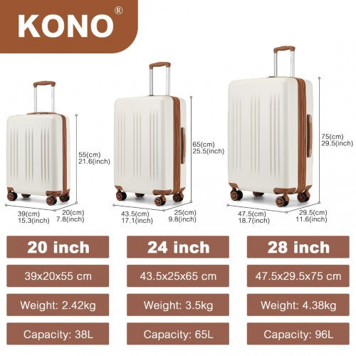 Kono 3 Piece Luggage Set 20/24/28 Inch Sleek Striped Expandable ABS+PC Suitcase With TSA Lock And Four Spinner Wheels - Cream And Brown
