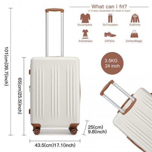 Kono 24 Inch Sleek Striped Check - In Suitcase Expandable Durable ABS+PC Luggage with Four Spinner Wheels TSA Lock - Cream And Brown