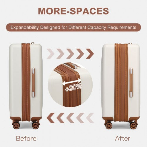 Kono 24 Inch Sleek Striped Check - In Suitcase Expandable Durable ABS+PC Luggage with Four Spinner Wheels TSA Lock - Cream And Brown