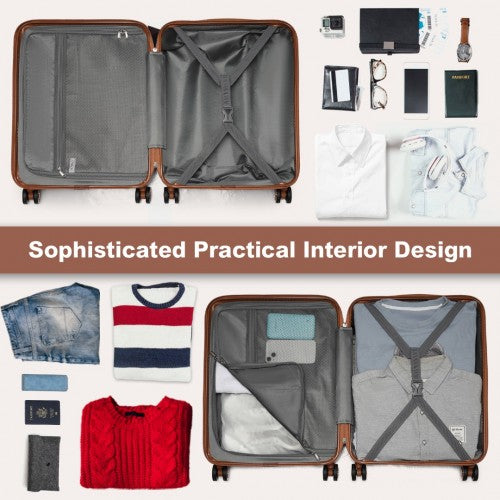 Kono 24 Inch Sleek Striped Check - In Suitcase Expandable Durable ABS+PC Luggage with Four Spinner Wheels TSA Lock - Cream And Brown