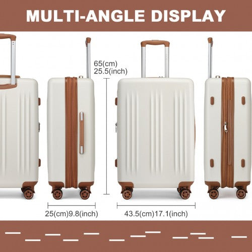 Kono 24 Inch Sleek Striped Check - In Suitcase Expandable Durable ABS+PC Luggage with Four Spinner Wheels TSA Lock - Cream And Brown