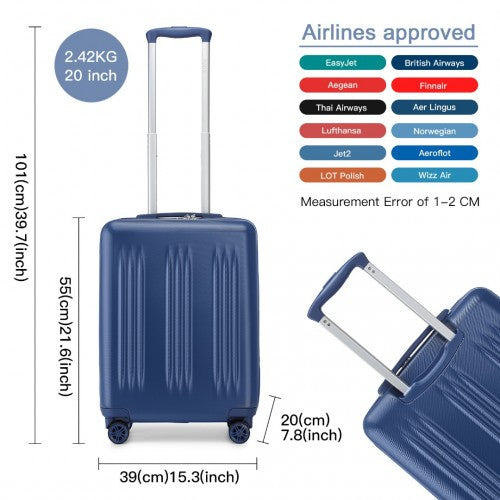 Kono 20 Inch Sleek Striped Carry - On Suitcase Durable ABS+PC Luggage With Four Spinner Wheels And TSA Lock Perfect for Travel - Navy