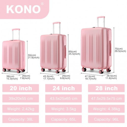 Kono 3 Piece Luggage Set 20/24/28 Inch Sleek Striped Expandable ABS+PC Suitcase With TSA Lock And Four Spinner Wheels - Pink