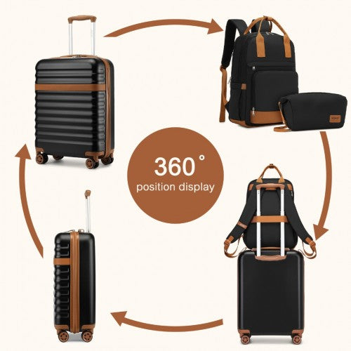 Kono 20 Inch Stylish Hard Shell ABS+PC Cabin Suitcase Included Multi - Compartment Backpack with Small Pouch 3 Piece Travel Set - Black And Brown