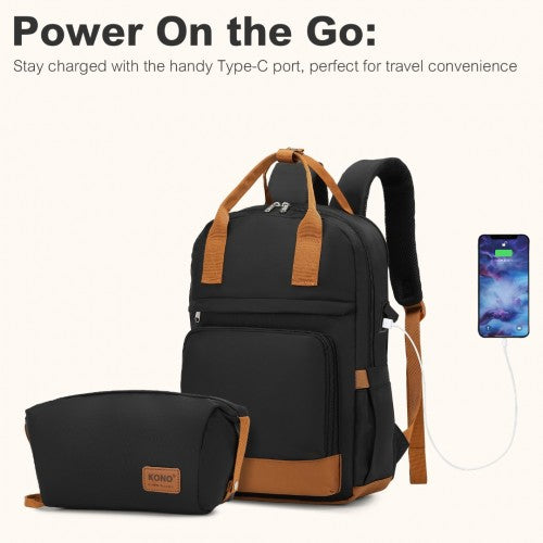 Kono 20 Inch Stylish Hard Shell ABS+PC Cabin Suitcase Included Multi - Compartment Backpack with Small Pouch 3 Piece Travel Set - Black And Brown