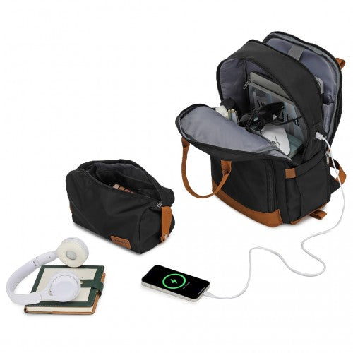 Kono 20 Inch Stylish Hard Shell ABS+PC Cabin Suitcase Included Multi - Compartment Backpack with Small Pouch 3 Piece Travel Set - Black And Brown
