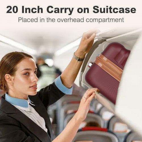 Kono 20 Inch Stylish Lightweight Hard Shell ABS+PC Cabin Carry - On Suitcase with TSA Lock for Enhanced Security - Burgundy and Brown