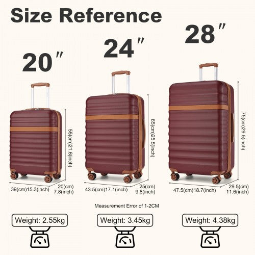 Kono 3 - Piece Expandable Luggage Set 20"/24"/28" Durable Hard Shell ABS+PC Suitcases with TSA Lock for Secure Travel - Burgundy and Brown