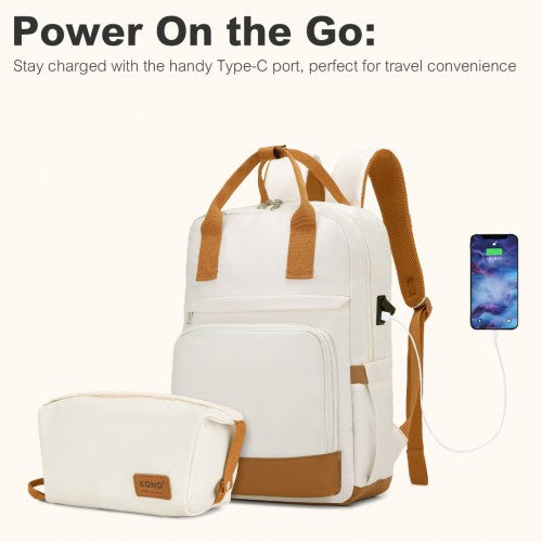 Kono 20 Inch Stylish Hard Shell ABS+PC Cabin Suitcase Included Multi - Compartment Backpack with Small Pouch 3 Piece Travel Set - Cream And Brown