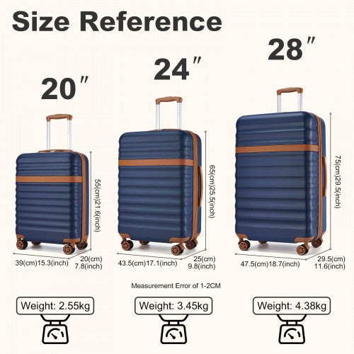 Kono 3 - Piece Expandable Luggage Set 20"/24"/28" Durable Hard Shell ABS+PC Suitcases with TSA Lock for Secure Travel - Navy and Brown