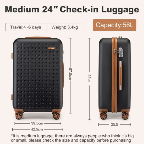 Kono Stylish ABS+PC 24 Inch Polka Dot Hard Shell Suitcase With TSA Lock - Black And Brown