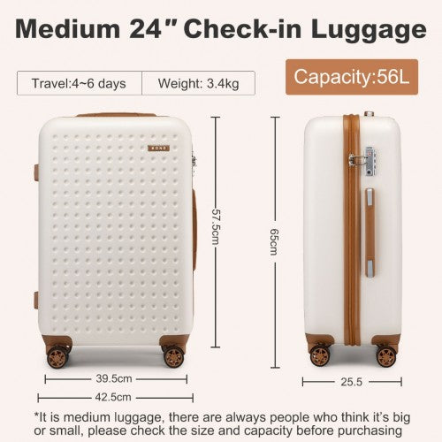 Kono Stylish ABS+PC 24 Inch Polka Dot Hard Shell Suitcase With TSA Lock - Cream And Brown