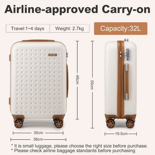 Kono Stylish ABS+PC 20 Inch Polka Dot Hard Shell Cabin Suitcase With TSA Lock - Cream And Brown