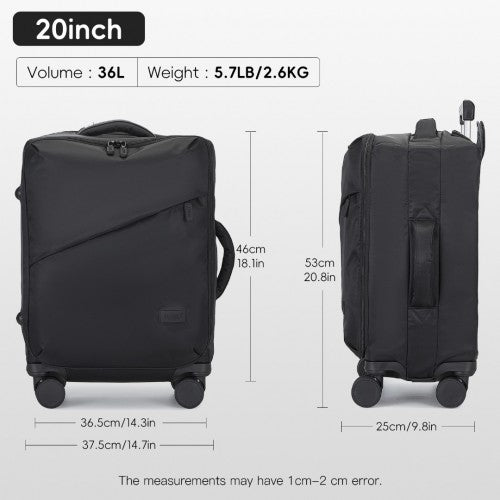 Kono 20 Inch Lightweight Soft Shell Carry On Cabin Size Suitcase with TSA Lock and Separate Wet/Dry Compartment - Black