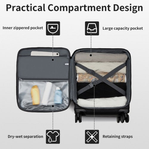 Kono 20 Inch Lightweight Soft Shell Carry On Cabin Size Suitcase with TSA Lock and Separate Wet/Dry Compartment - Black