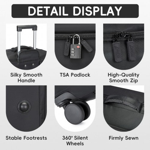 Kono 20 Inch Lightweight Soft Shell Carry On Cabin Size Suitcase with TSA Lock and Separate Wet/Dry Compartment - Black