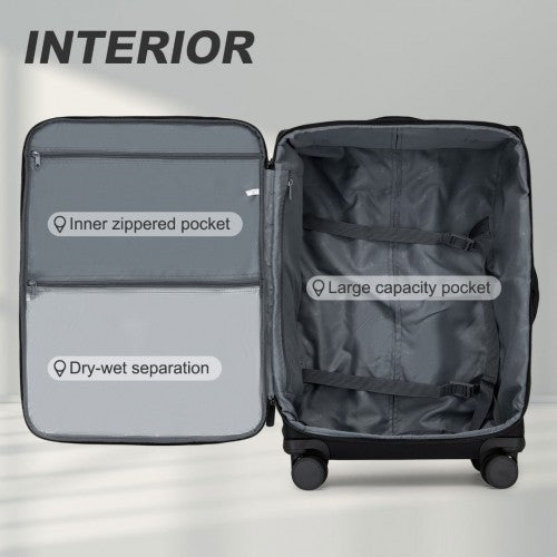 Kono 20 Inch Lightweight Soft Shell Carry On Cabin Size Suitcase with TSA Lock and Separate Wet/Dry Compartment - Black