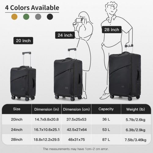 Kono 3 - Piece 20/24/28 Inch Lightweight Durable Soft Shell Suitcase Set with TSA Lock and Separate Wet/Dry Compartment - Black