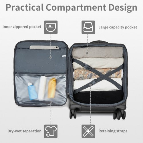 Kono 20 Inch Lightweight Soft Shell Carry On Cabin Size Suitcase with TSA Lock and Separate Wet/Dry Compartment - Grey