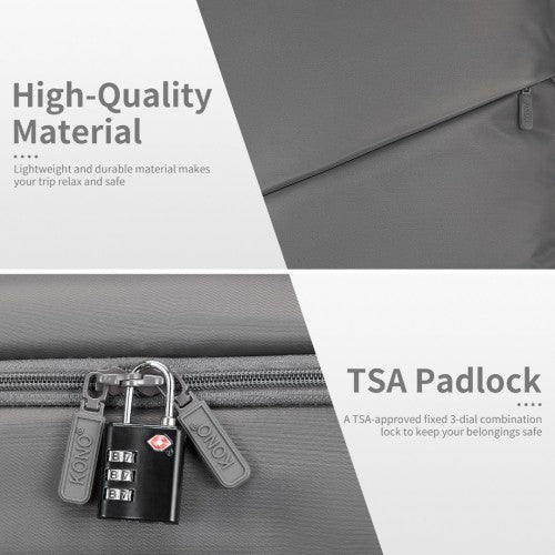 Kono 20 Inch Lightweight Soft Shell Carry On Cabin Size Suitcase with TSA Lock and Separate Wet/Dry Compartment - Grey
