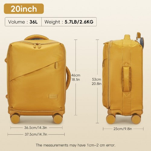 Kono 20 Inch Lightweight Soft Shell Carry On Cabin Size Suitcase with TSA Lock and Separate Wet/Dry Compartment - Yellow